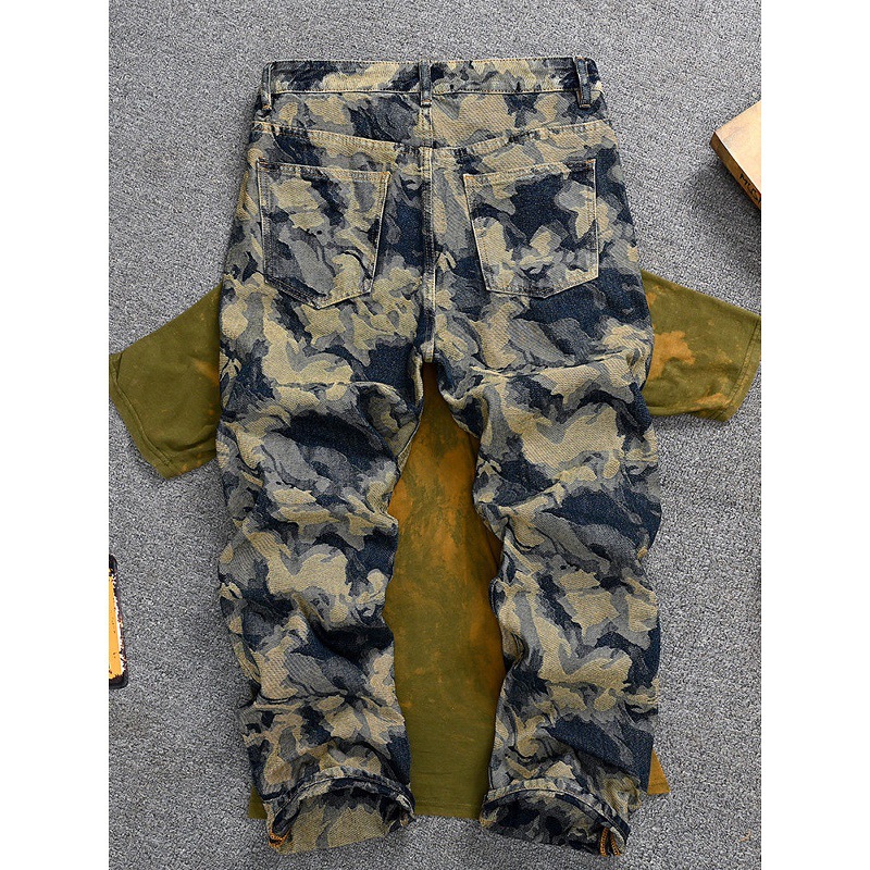 Men's Clothing Korean Style Retro Washed Distressed Jeans For Men, Loose Straight Leg Wide Leg Patchwork Tie Dye Print High Street Style Pants._voghion.com