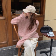 100%美丽诺羊毛衫女秋冬提花重磅麻花小个子针织衫慵懒风加厚毛衣