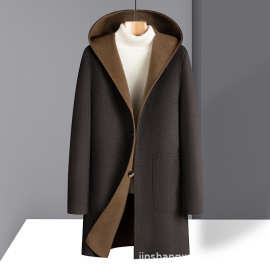 男士双面大衣双面呢中长款大衣连帽褂子羊毛呢子休闲上衣毛呢外套