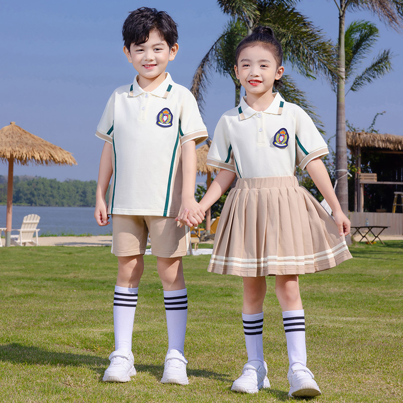 2023夏季新款米色幼兒園園服一年級學生運動會校服短袖套裝百褶裙