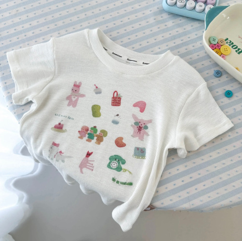 2024 Spring New Girls' Cartoon Short-Sleeve T-Shirt Cute Cartoon Print Summer Short-Sleeve Top Striped Pants Set