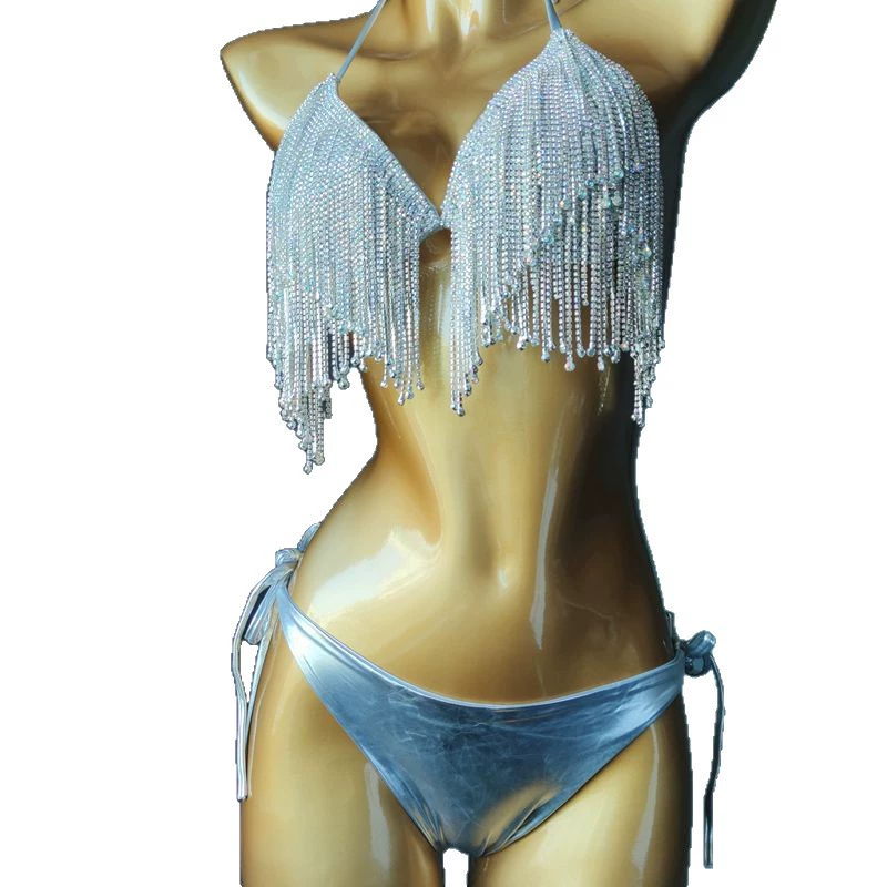 Купальник Bikini Diamond Son с бахромой из страз, металлический (золото/серебро), размеры S–L
