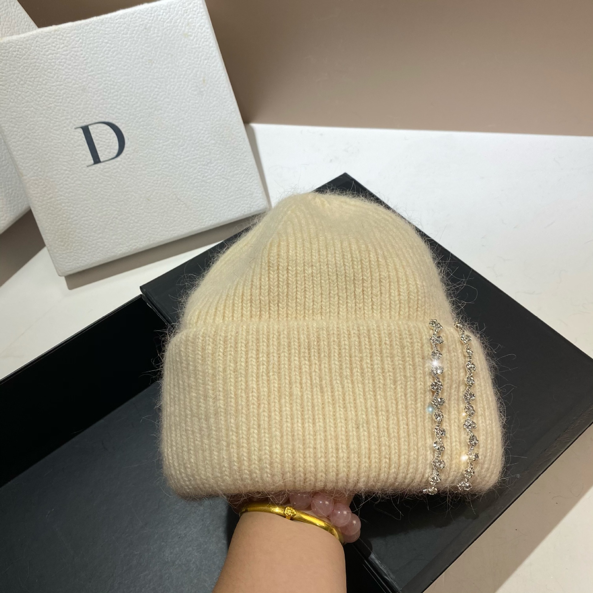 Winter-Thermomütze für den Außenbereich, langes Kaninchenhaar, doppelt gefaltete Strickmütze, Mode-Promi-Feng-Shui-Diamant-Wollmütze_voghion.com