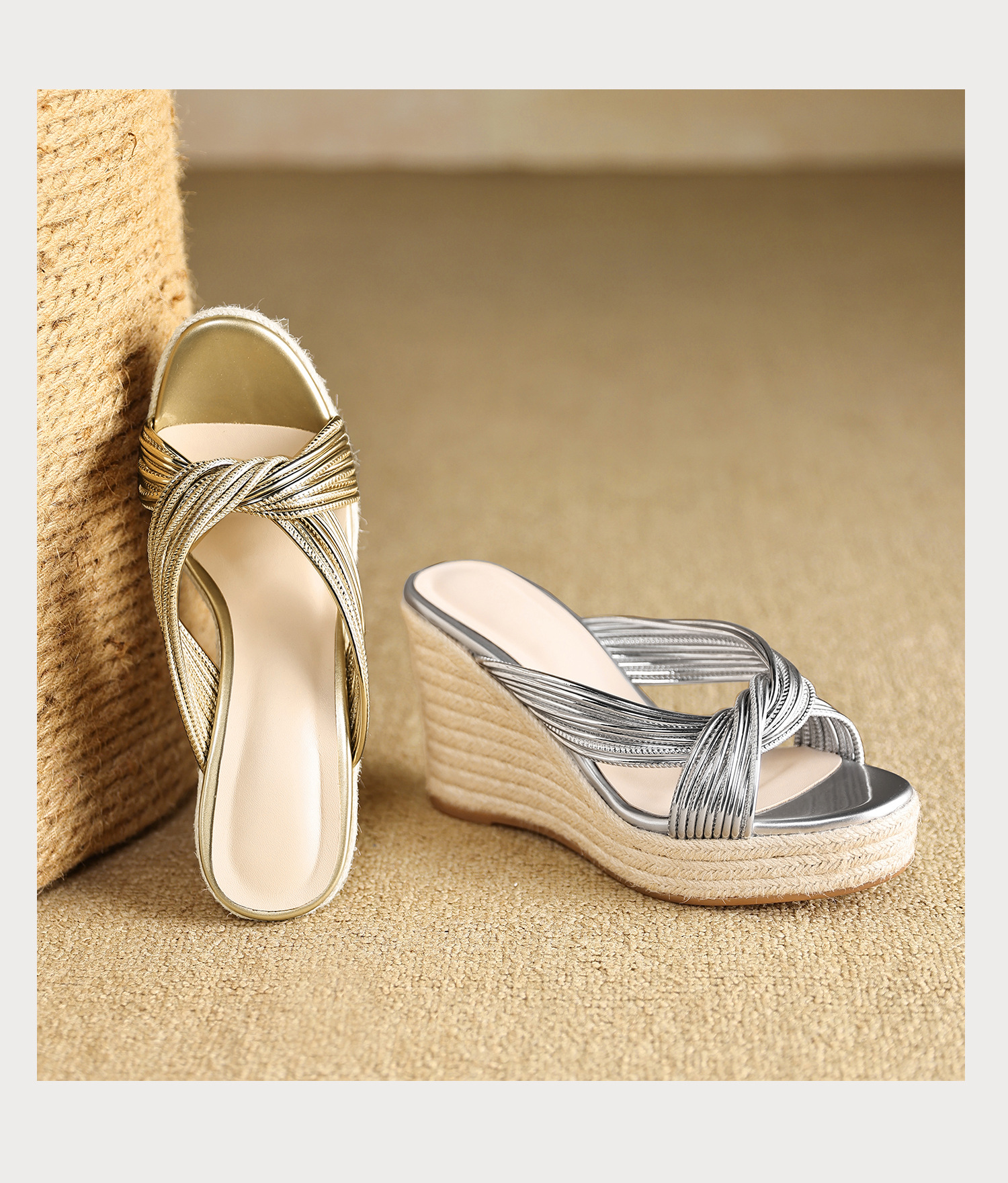 Sandal cao gót nữ đế đan rơm quai chéo bạc hở mũi phong cách Tân Trung Hoa — màu vàng, bạc chi tiết 17