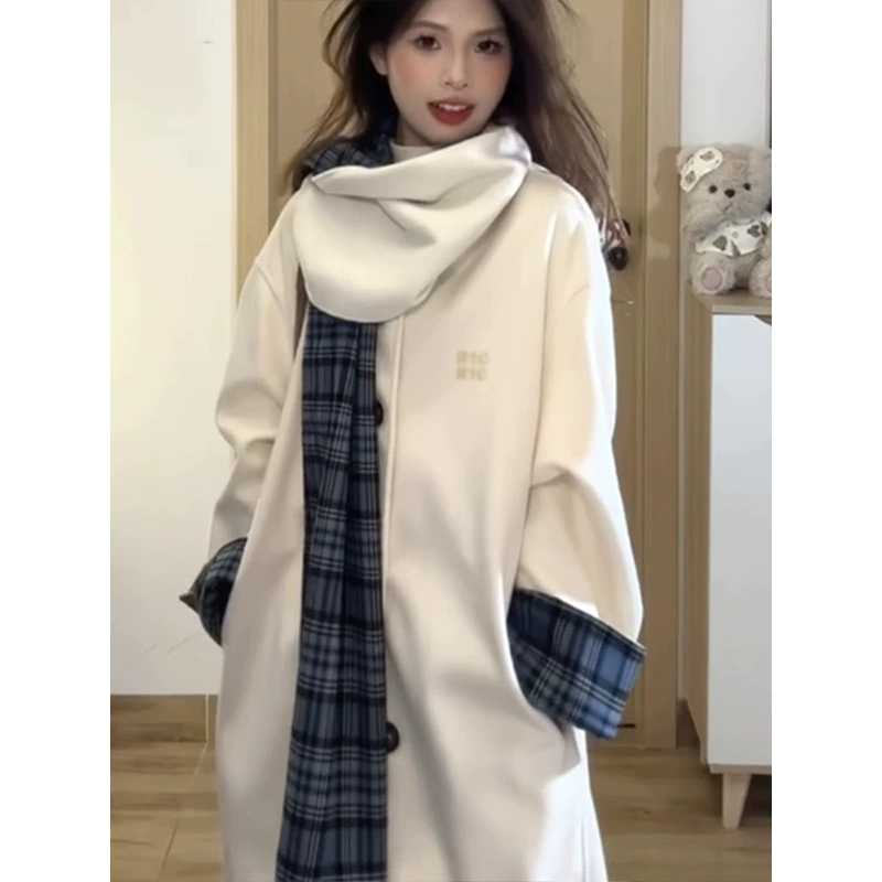 White scarf, woolen woolen coat, long double-sided jacket, high-end