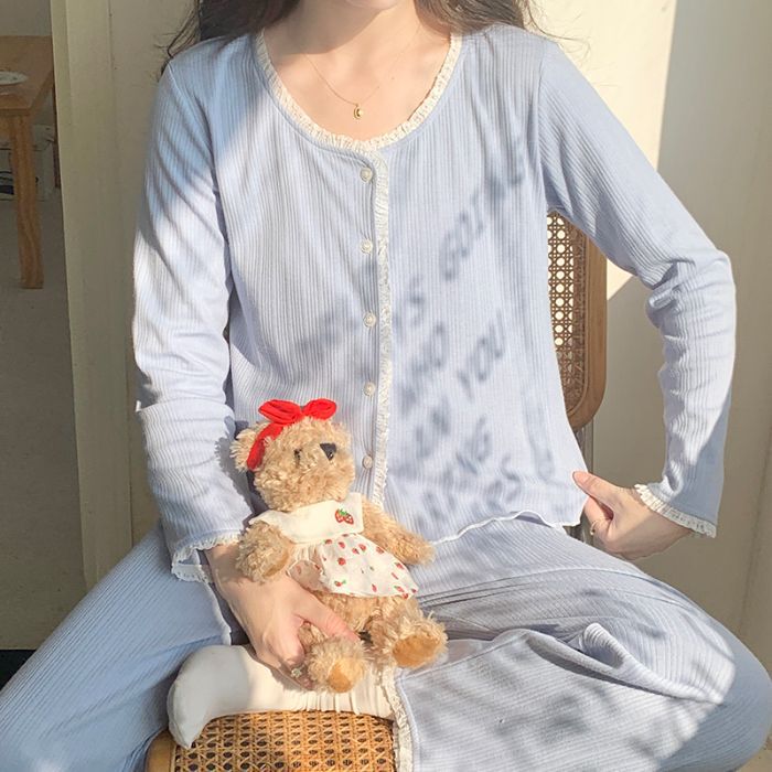 睡衣女士春秋季6535棉开衫印花长袖两件套韩版休闲甜美可爱家居服|undefined