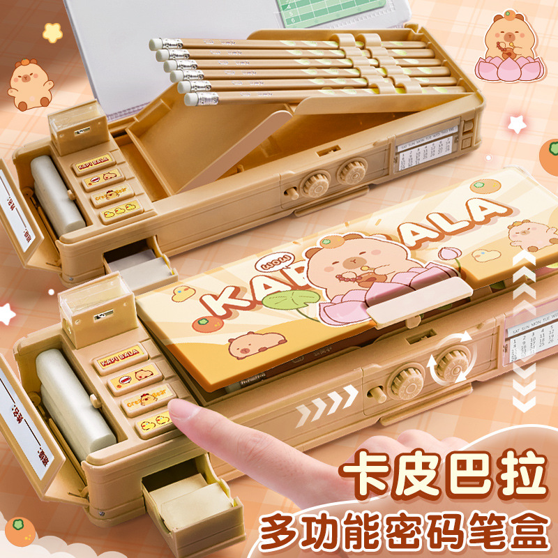 Caja de papelería multifuncional, caja de bloqueo de contraseña para chicas, caja de lápiz para niños, estudiantes de primaria, caja de lápiz para niños de doble capa de gran capacidad