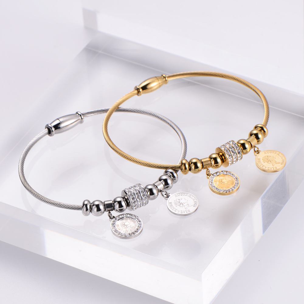 Womenu0027S Fashion Round Coin Titanium Steel Rhinestone Bangle Diamond Stainless Steel Bracelets