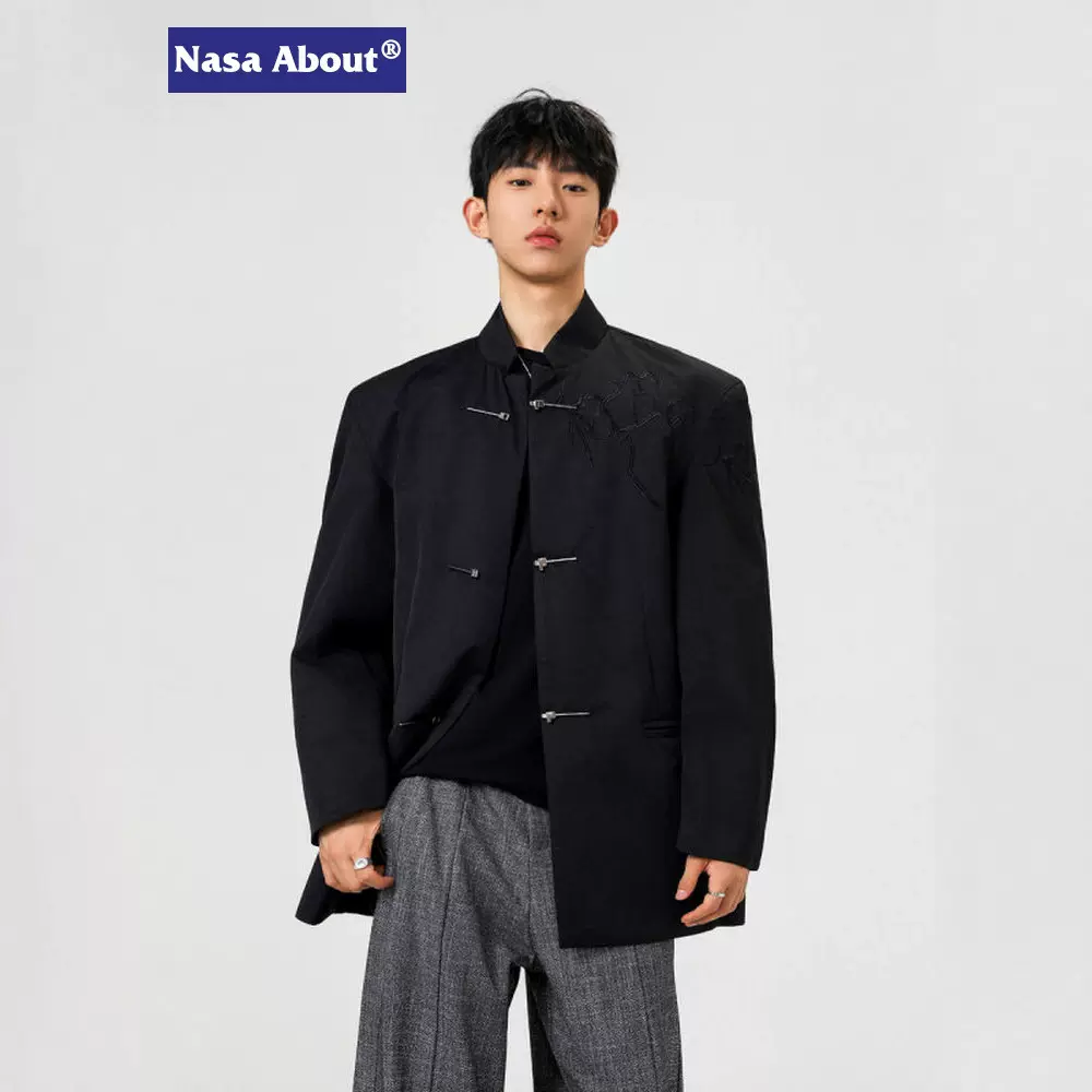 NASA新中式刺绣立领小西服外套加肥大码宽松潮牌通勤风穿搭中山装
