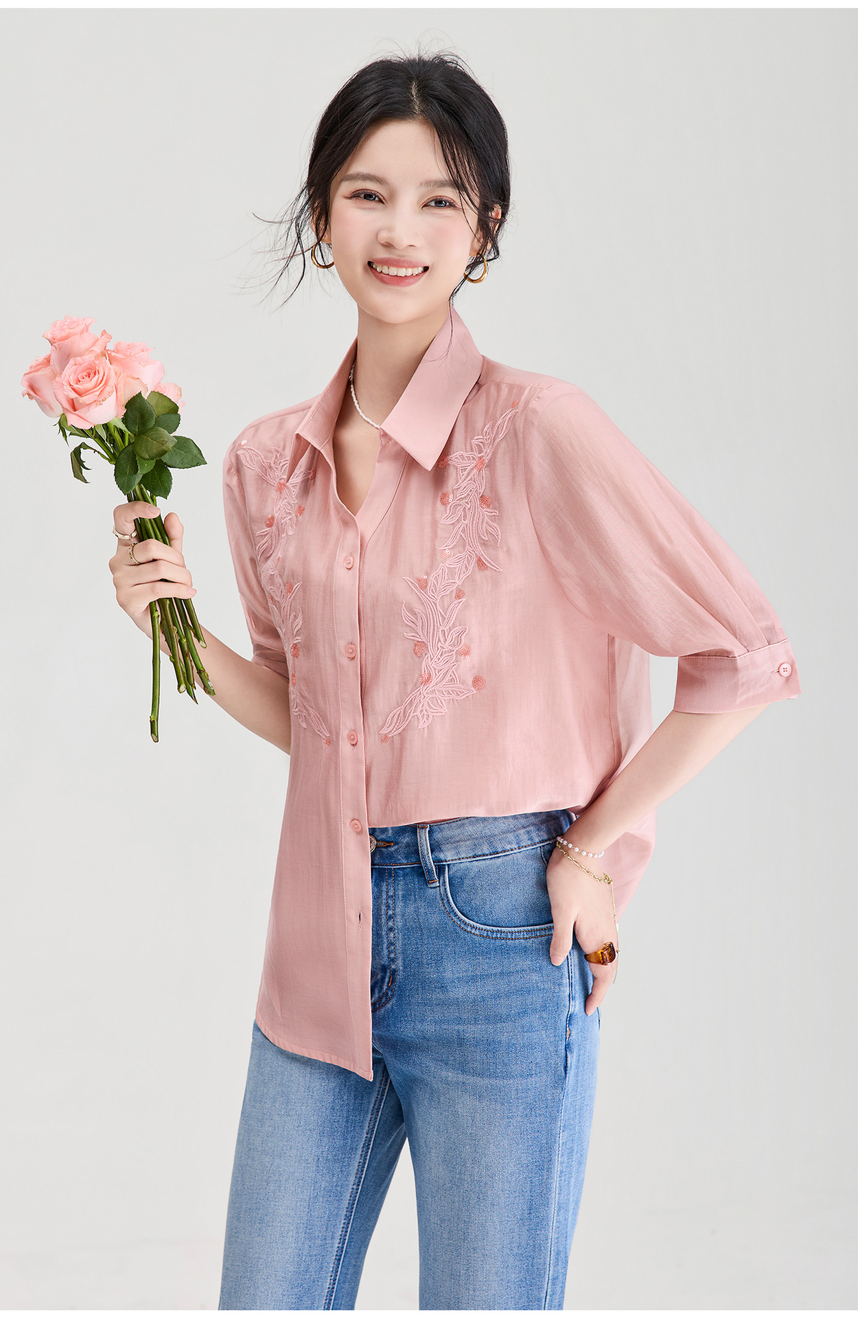 Áo sơ mi nữ tay dài chất liệu Lyocell thêu ren Pháp dáng rộng mùa hè — Bột da chi tiết 2