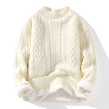 男女同款秋冬针织保暖爆款麻花加绒加厚双层圆领纯色时尚潮流毛衣