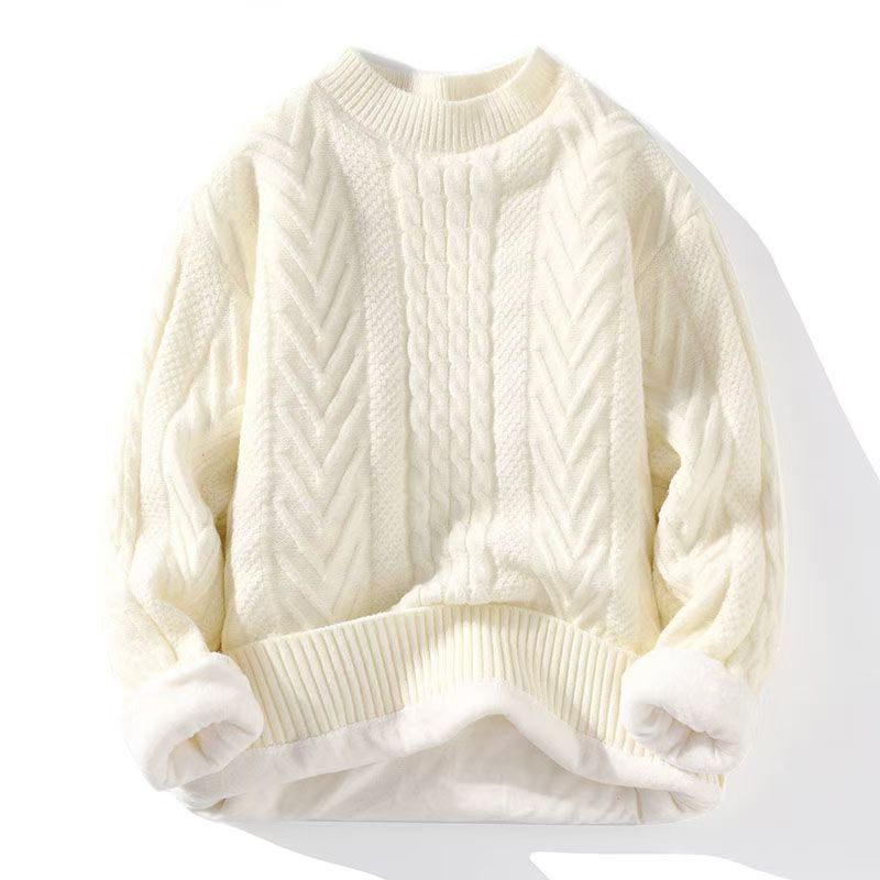 男女同款秋冬针织保暖爆款麻花加绒加厚双层圆领纯色时尚潮流毛衣