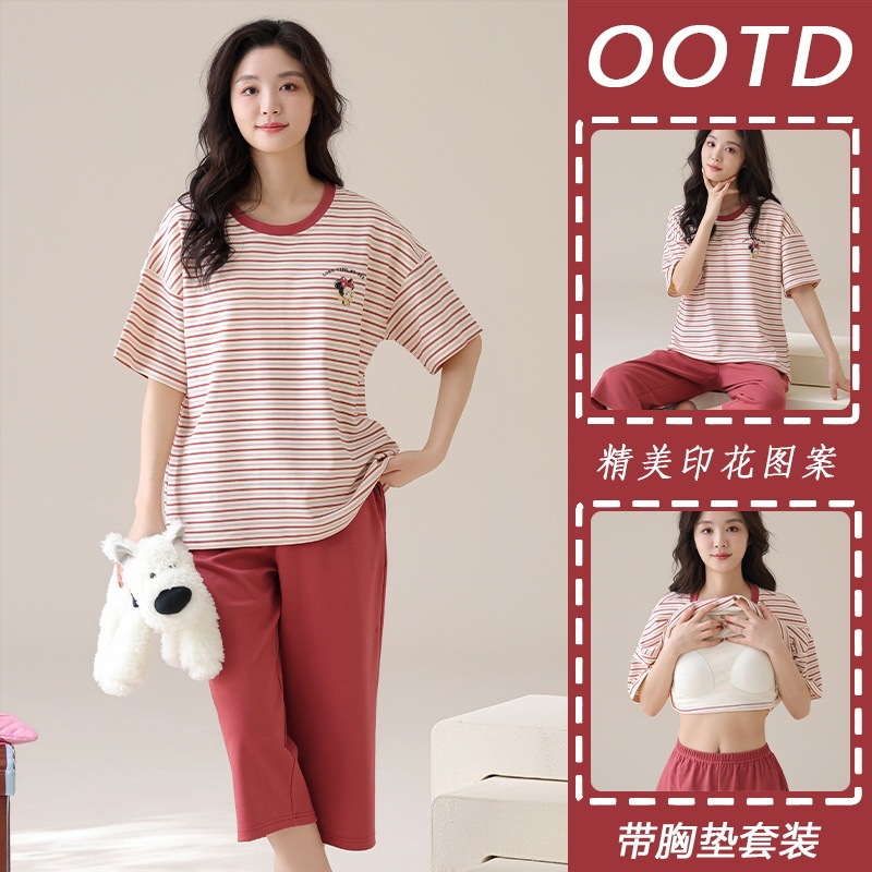 Homewear Women's Short-Sleeved Cropped Pants Above the Knee Round Neck Pure Cotton Thin Style with Chest Pad Split Pajamas for Girls Cartoon Summer