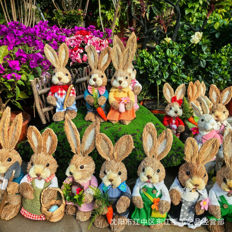 Straw-Woven Rabbit Ornaments for Kindergarten Environment Creation, Plant Corner, Forest-Themed Home Decor, Living Room, Window Display, Wedding Decorations, Photography Props
