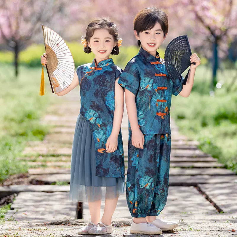 男女国风新中式短袖汉服儿童六一节日表演服幼儿园班服唐装演出服