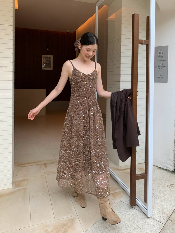 诠释美 NEWOPEN 25秋法式名媛礼服重工镂空亮片吊带连衣裙女F6552|undefined