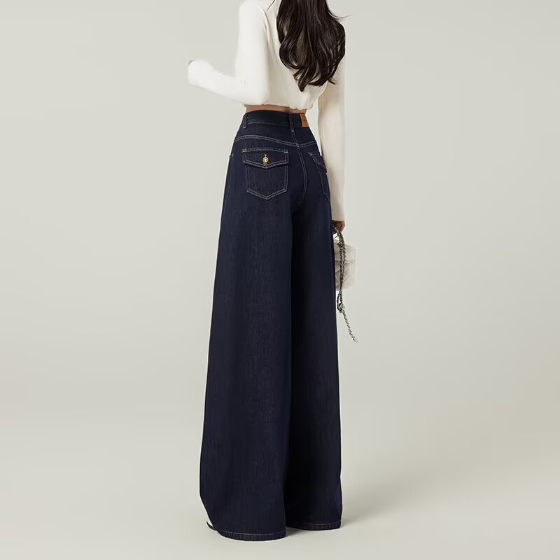 Denim Blue Wide-Leg Original Color Jeans for Women Autumn and Winter New American Retro Straight-Leg Loose Floor-Length Casual Pants