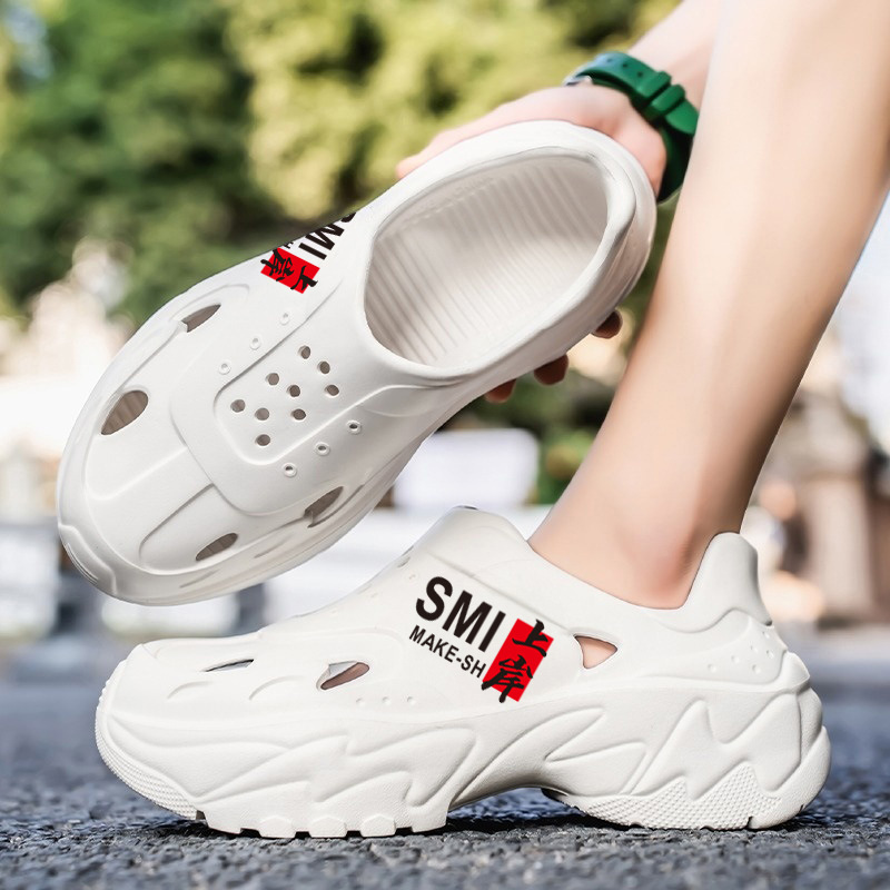 Verano nuevos zapatos con agujeros para hombres transfronterizos de gran tamaño con suela gruesa, estilo de pareja, zapatos de playa de vadeo Baotou, sandalias y pantuflas