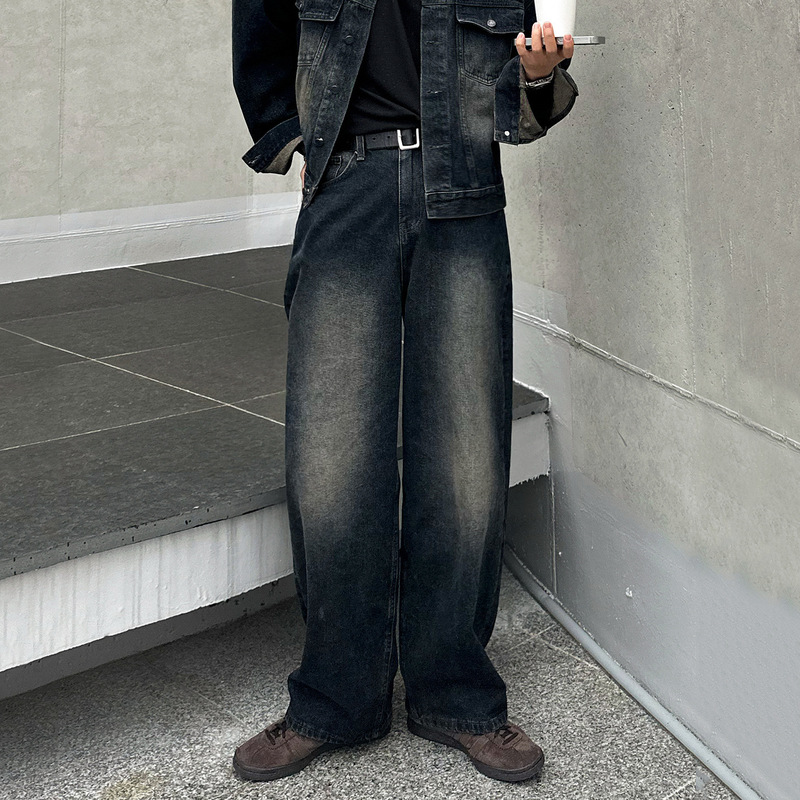 Myq Retro Distressed Wide-Leg Jeans Men's Spring & Fall Loose Denim Jacket Korean Commuter Fashion Suit