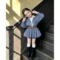 童趣格纹连衣花苞裙甜美个性设计感十足女孩多巴胺蓝色格子收腰裙