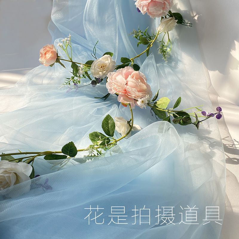 Off-white champagne light yellow soft tulle curtain for wedding reception backdrop, waterfall tulle decoration, event stage arrangement, mesh curtain