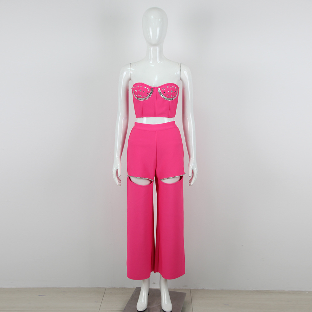 Autumn Summer Women Clothes Sexy Rhinestone Hollow Out Cutout Sheath Bandage Trousers Two Piece Set