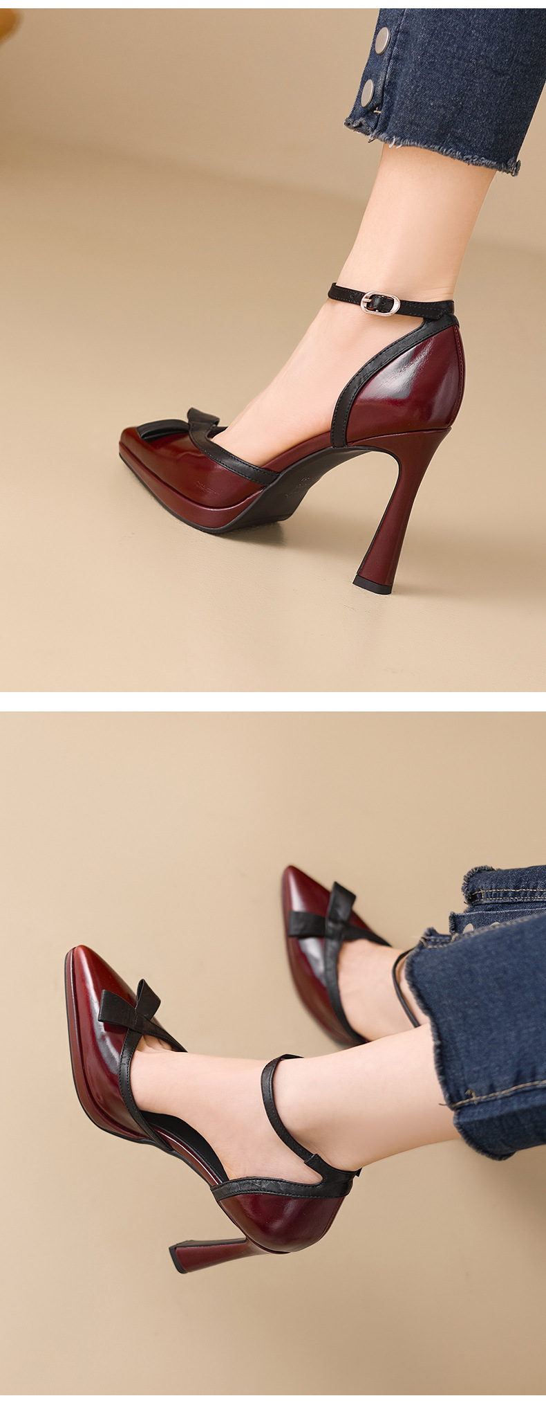 Sandal cao gót nữ phối màu phong cách Chanel, quai một khuy, mũi kín, gót nhọn 9 cm — Rượu vang đỏ, màu trắng ngà chi tiết 9