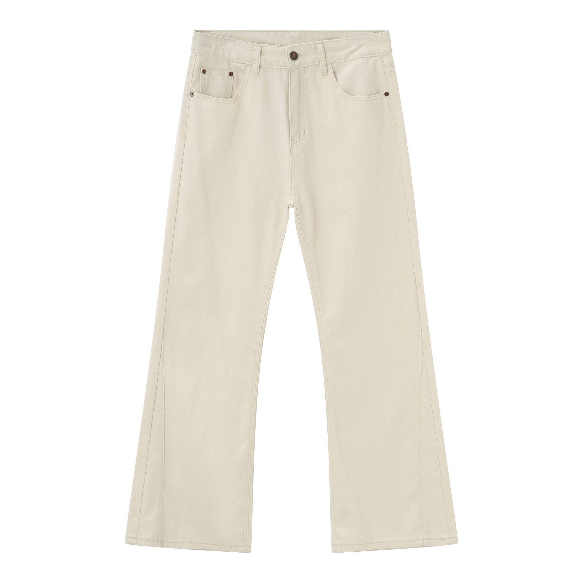 Jeans da uomo a zampa in misto cotone lavato, silhouette vintage anni '70, gamba dritta e rilassata, leggermente svasati, color kaki, nero, oliva, taglie S-XL_voghion.com