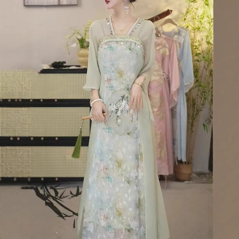 New Chinese Artistic Retro Modified Cheongsam dress Women's 2025 Summer New Elegant Slimming High-end Hanfu Dress