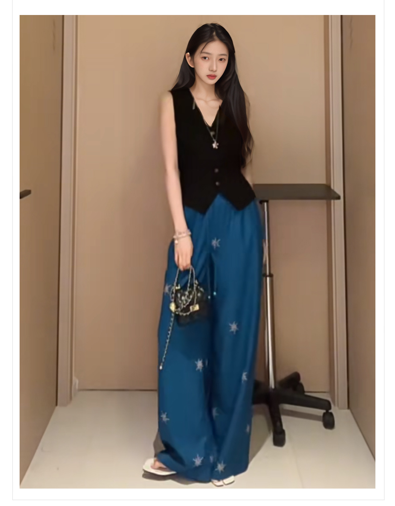 Bộ vest áo khoác cổ chữ V và quần vải lanh phong cách Trung Quốc lụa tằm — Quần màu chàm, áo vest đen chi tiết 3