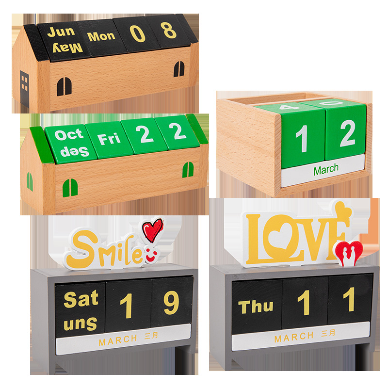 Fábrica de origen adornos de escritorio calendario de madera acompañante regalos de mesa fecha tarjetas de fotos accesorios calendario de mesa de madera