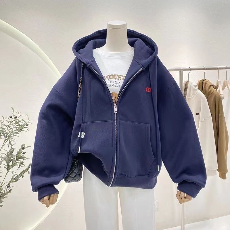 加绒加厚连帽卫衣女秋冬简约百搭宽松休闲oversize拉链开衫外套潮|undefined
