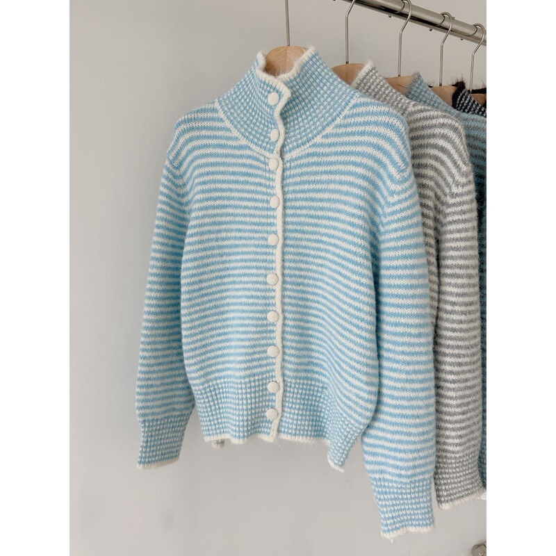 Casual Blue Stripesd French Sweater 2025 Autum Lazy Style Color-Blocked Lapel Alpaca Knitted Cardigan for Women
