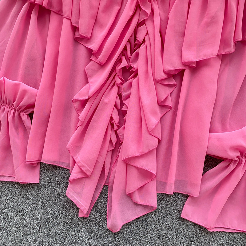Summer Elegant Lazy Style Socialite Ruffled Trim Flared Sleeve Chiffon Blouse Loose Shirt Women's Clothing Tops_ecoleips.com
