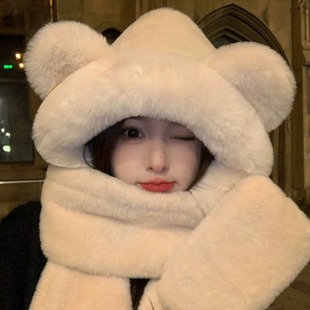 Cute Bear Hat Children's Autumn and Winter Fluffy Hat Thickened Warm Scarf Gloves One-piece Hooded Scarf Three-piece Set