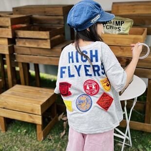 2024 summer new boys and girls children round neck heavy industry embroidery badge short sleeve T-shirt ZR