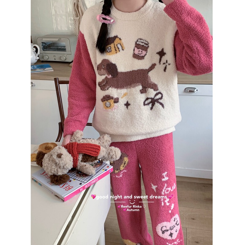 Casual Puppy! Li Hua's Autumn and Winter Soft and Thickeneded Warm Half-Velvet Sweet and Cute Pajamas for Women's Home Wear
