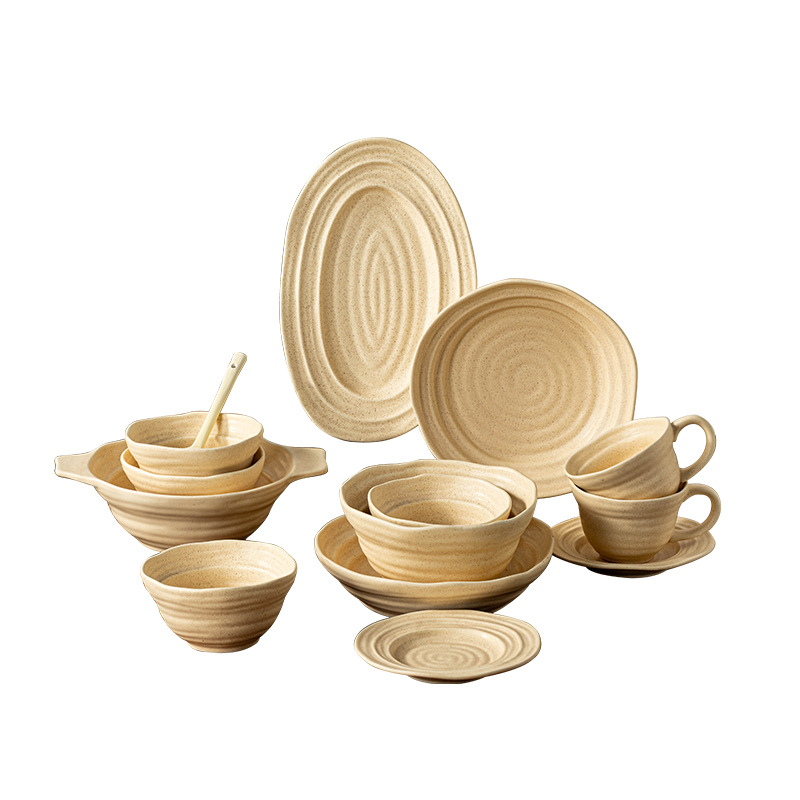 Conjunto de cubiertos de cerámica retrógrada, platos de sombrero de paja silenciosos, platos de postres, platos de ensalada, platos de cubiertos de rosca de forma especial, platos profundos