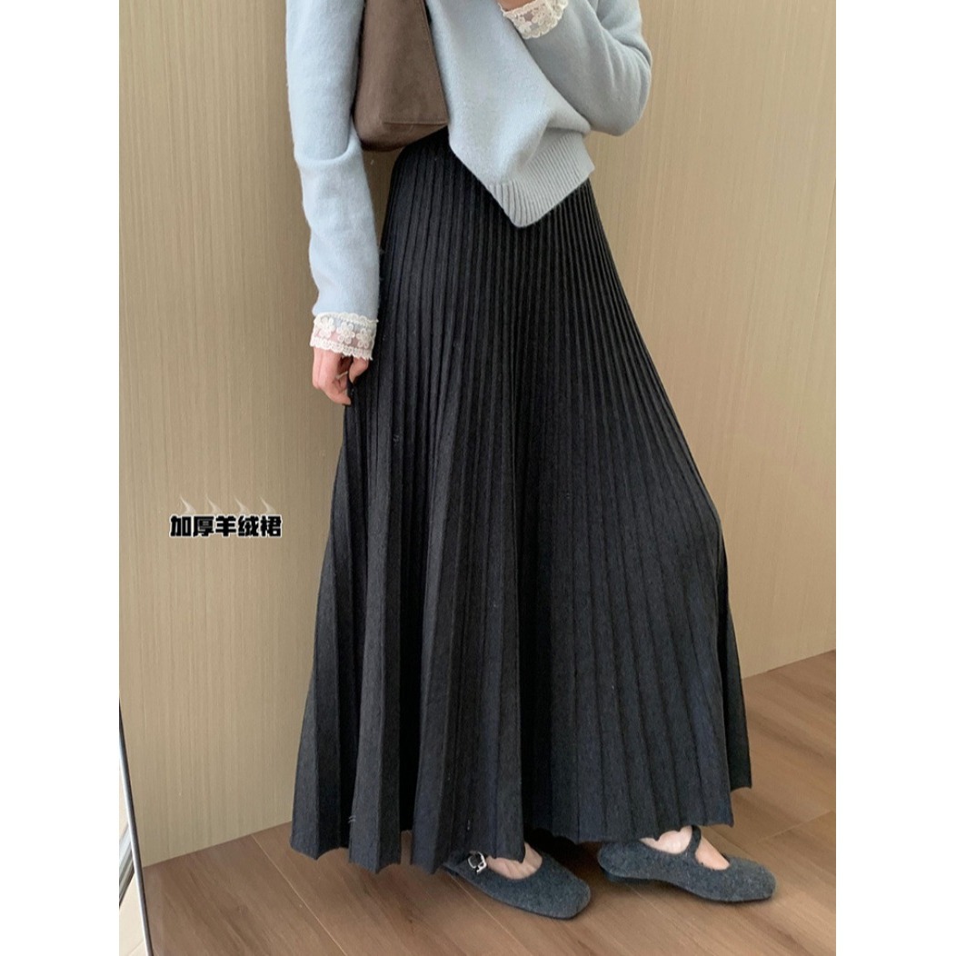 High-End Pleated Skirt Imitation Cashmere Knitted Skirt for Women 2025 Spring and Autum Thickeneded High-Waisted A-Line Flesh-Covering Long Skirt