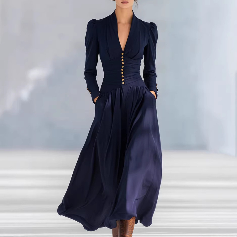 European and American Cross-Border Amazon Independent Site Elegant Waist-Cinching Dress with V-Neck, Puff Sleeves, Long Sleeves, and Large Hem Women's Dress