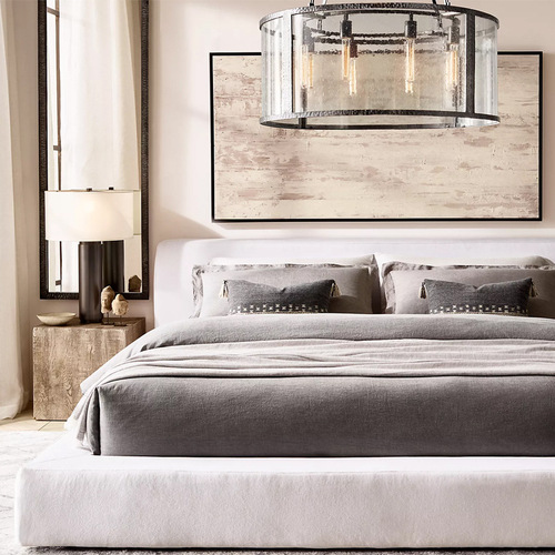 Italian Minimalist Guesthouse Fabric Bed, Nordic Modern, Washable, Solid Wood Double Bed, American Style RH Master Bedroom Low-Back Bed