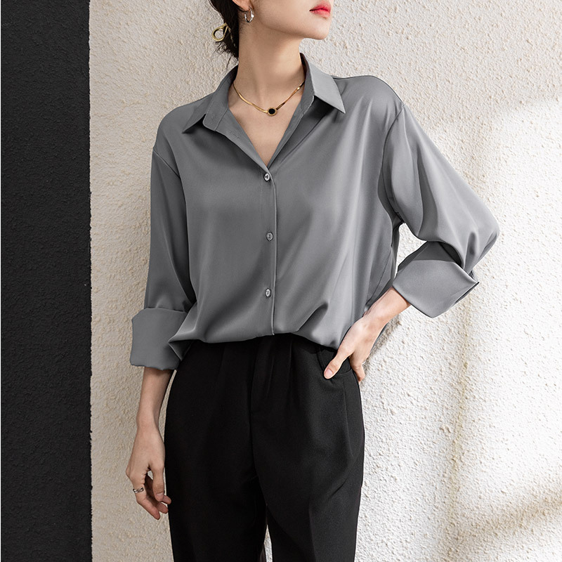 Autumn New Silver Grey High-grade Satin Shirt Women's Long-sleeved Elegant Draped Career Interview OL Commuter Shirt