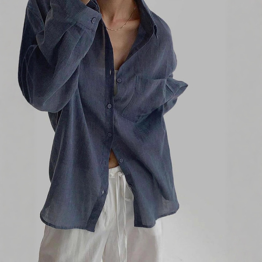 清仓捡漏~牛X货 巨炸裂！藏青色宽松垂感翻领长袖苎麻衬衫上衣女