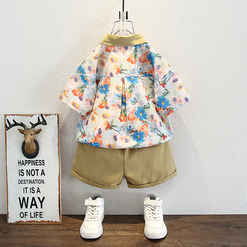 8129 Traje de camisa de manga corta para niños Estilo de verano Estilo de Hong Kong Traje de corbata para niños Camisa de dos piezas Bebé 2025 Verano