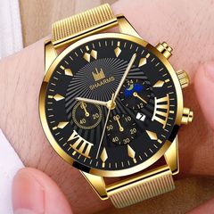 Cross-border new Men's Stainless Steel Strap Watch with Quartz Movement, Trendy Mesh Band, Fake Three-Hand Date Men's Watch