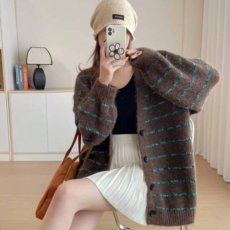 Lazy Style Striped Fashion Mature Style Fluffy Sweater Coat Autumn and Winter New Model Versatile Knitted Cardigan for Ladies