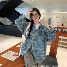美式复古新款格子衬衫女长袖外套 2026 春夏款蓝色高级感内搭衬衣
