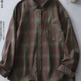 专柜店捡漏复古格子百搭全棉翻领衬衫女春季休闲宽松大码长袖衬衣