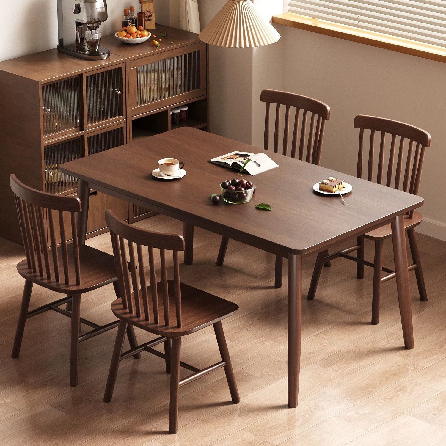 Nordic Solid Wood Dining Table Rubber Wood Table and Chair Combination Small Apartment Walnut Color Modern Simple Rectangular Dining Table
