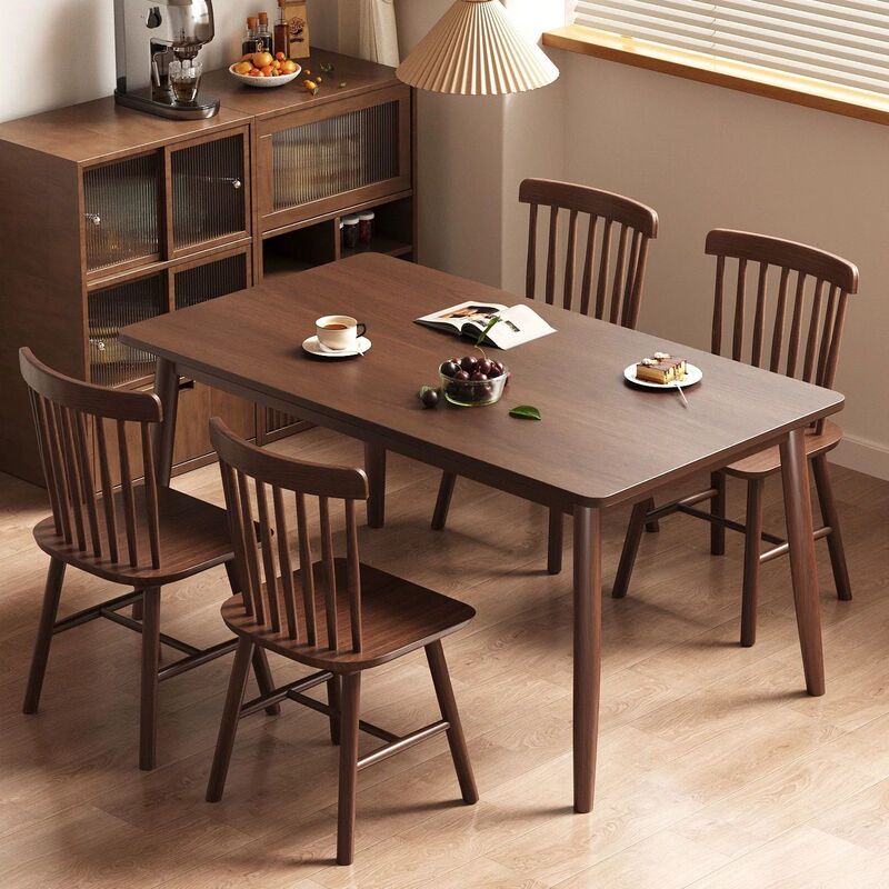 Nordic Solid Wood Dining Table Rubber Wood Table and Chair Combination Small Apartment Walnut Color Modern Simple Rectangular Dining Table